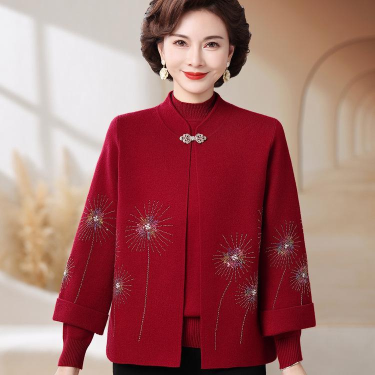 Middle-aged and Elderly Women's Cardigan Year Sweater Jacket Mother Spring and Autumn Clothes Red Knitted Two-piece Autumn and Winter Base Shirt