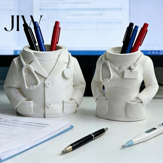 Unique Work Desk Ornament Doctor Nurse Shape Pen Holder, 3D Print Resin Stationery Organizer, Stethoscope Decoration with Weighted Base, Large