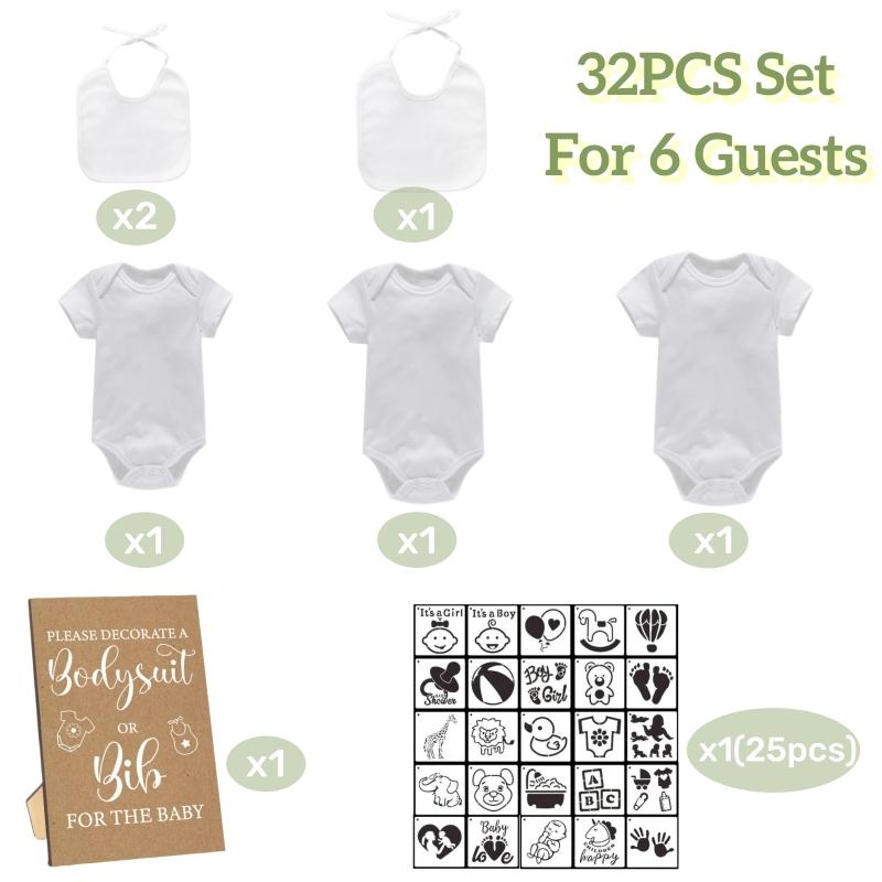 

Baby Shower Games Bibs Bodysuits White Bibs Onesies Stencils for 6-20 Guests DIY Baby Gifts for Baby Shower Gender Reveal Party
