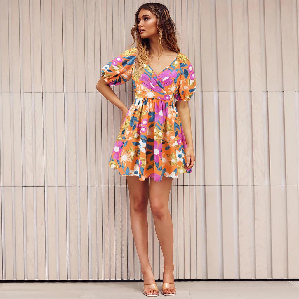 Summer New Style V-neck Printed Beach Skirt Lantern Sleeve Short Dress