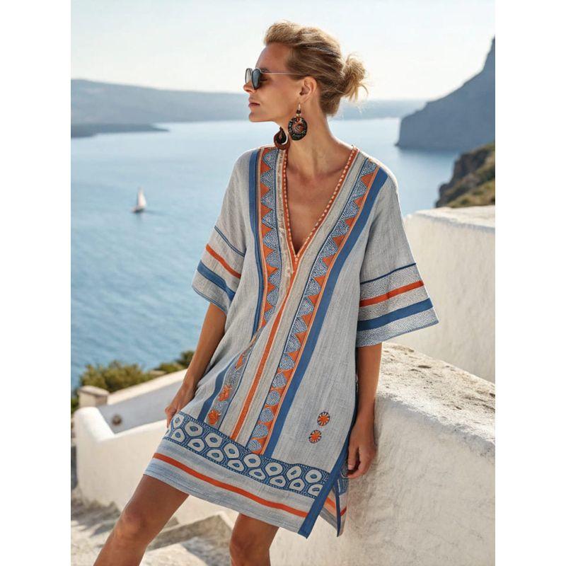 New Amazon Women's Clothing Super Fairy V-Neck Dress Seaside Vacation Beach Dress Printed Loose Mid-Length Dress