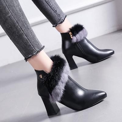 Fashion Boots Women Fur Winter Warm Pointed Ankle Boots Sexy Metal Decoration Zipper Women's Boots Comfortable Female Shoes