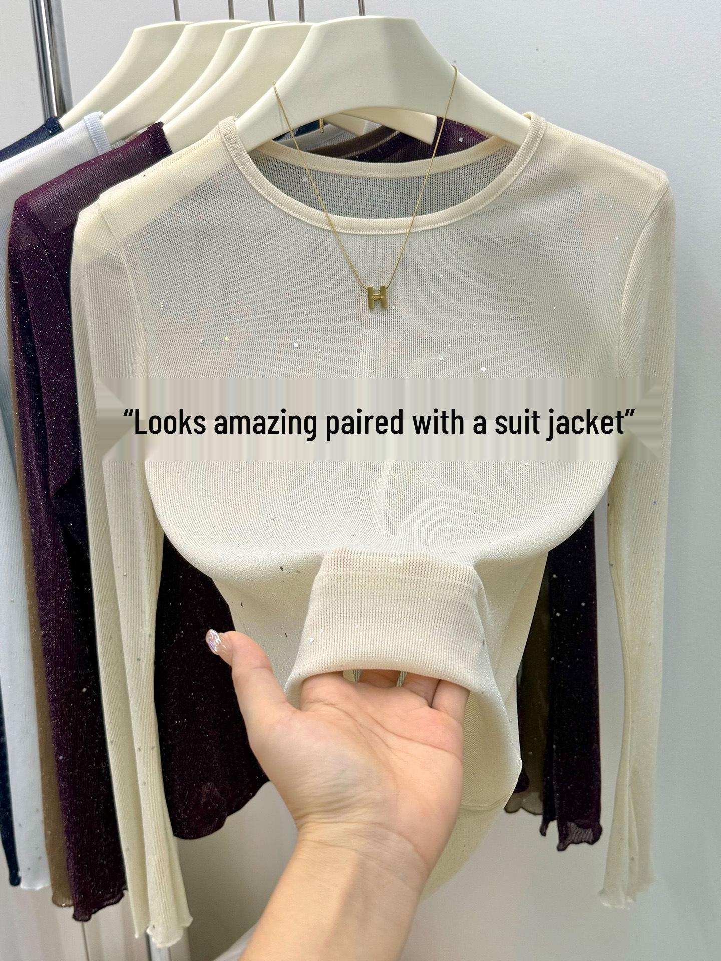 

Korean Mesh Sequin Round Neck Long Sleeve Women s T-shirt - Simple Fashion Casual Wear L [100-120jin] слоновая кость