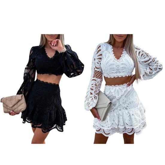 2 szt./zestaw Dekolt V Koronka ażurowa Jednolity kolor Odsłonięty pas Wysoki stan Długie