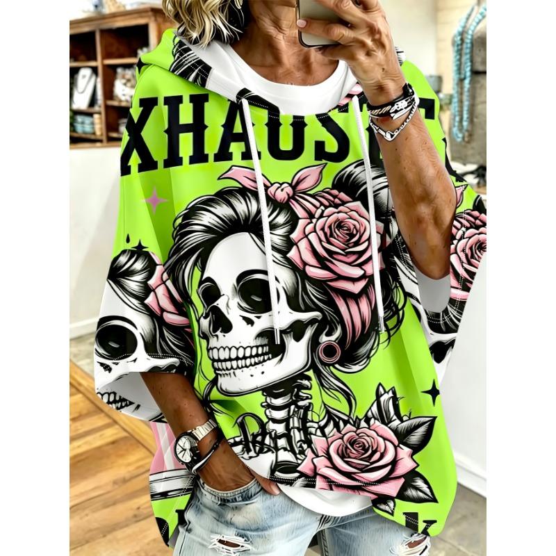 Damen Kapuzentop in Übergröße, Taro-Lila, Amerikanischer Rebell Schädel und Rosen Print, Lockere überschnittene Ärmel, Kapuzenpullover