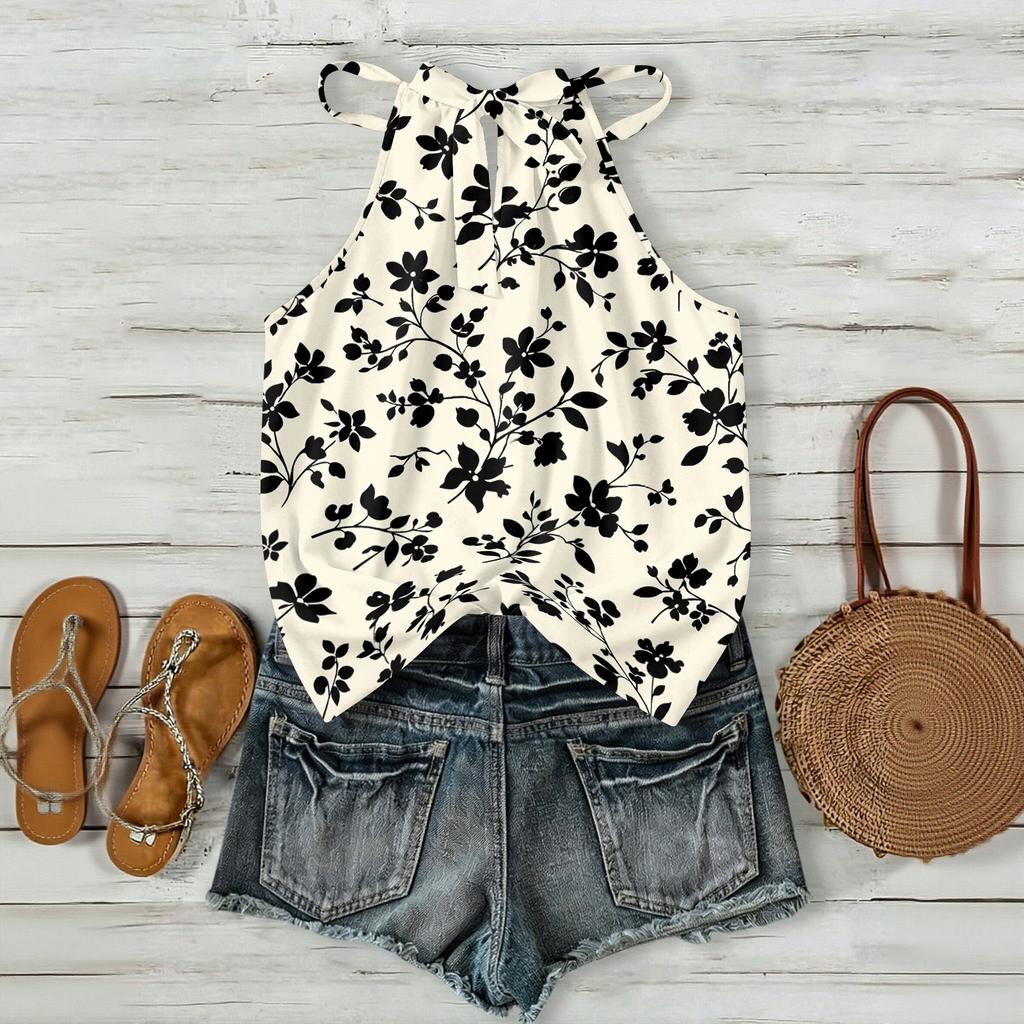 Boho Blumenmuster Ärmelloses Tanktop Leichte Sommer-Freizeitbluse Lockere Passform mit Verstellbaren Trägern für Damen