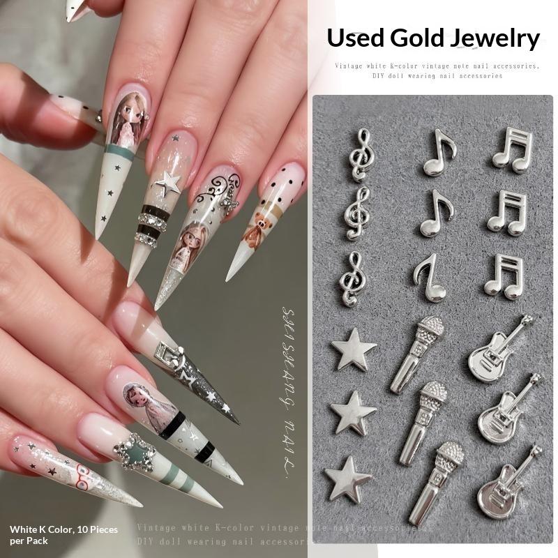 10Pcs Notes Guitar Microphone Punk Style Music Elements Rivet Nail Decor Silvery Instruments Metal Nail Art Charms Decoration