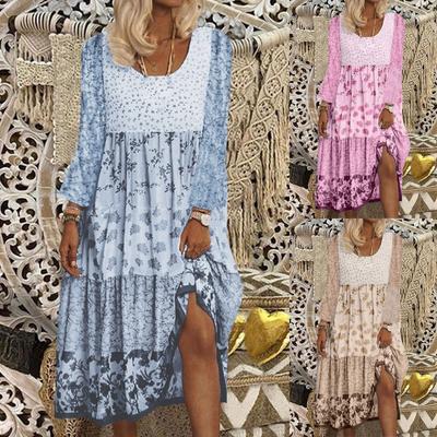 Women's Bohemian Floral Print Maxi Dress Long Sleeve Round Neck Beach Flowy Party Beach Dress