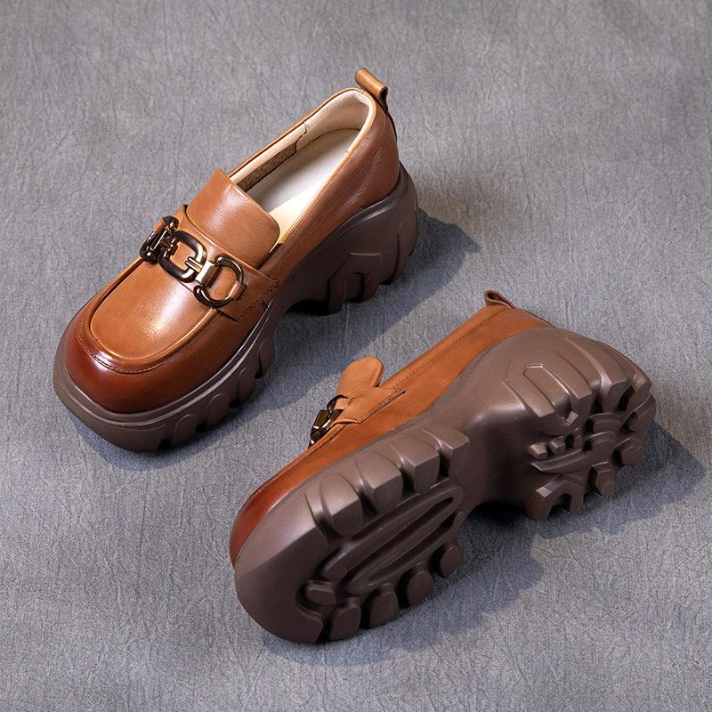 

The first layer of cowhide casual shoes for women 2025 autumn new leather Korean version versatile one-pedal muffin platform single shoes for women 40