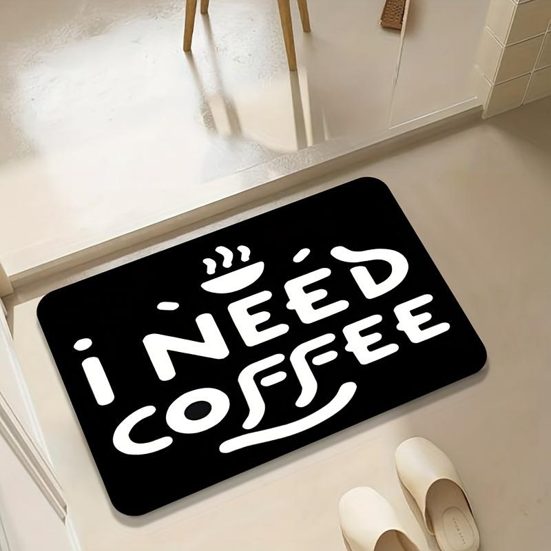 “I NEED COFFEE” Doormat White Bold Text  Steam Icon on Black, Soft Plush, Non-Slip, Machine Washable, Entryway Kitchen Bathroom 40cm x 60cm