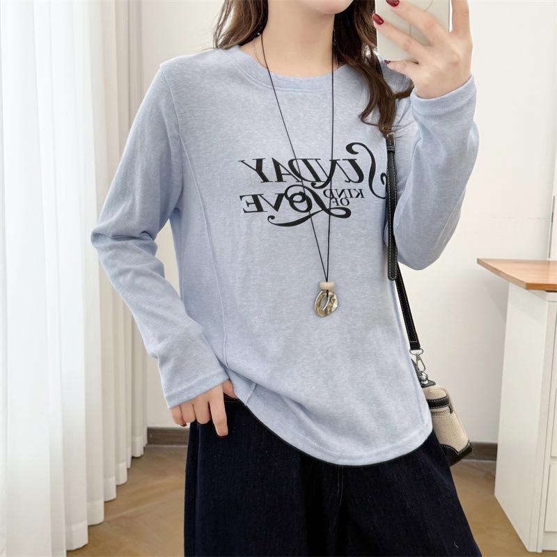 2026 Spring Plus Size Women's Long Sleeve Printed Round Neck Casual T-shirt