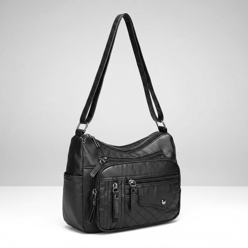 

Fashionable Women s PU Leather Crossbody Bag Soft Stylish Multilayer Pockets Adjustable Strap чёрный