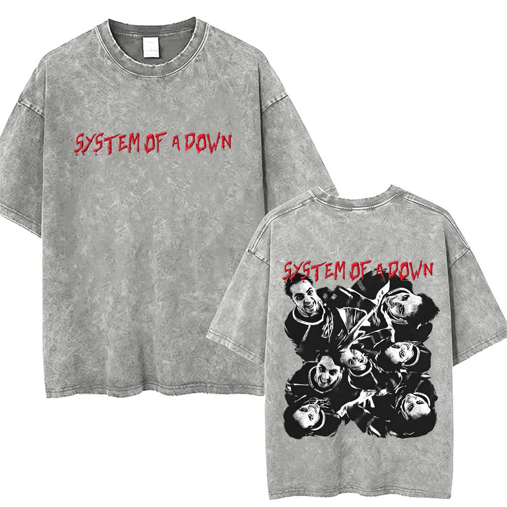 T-shirt Vintage Lavé System Of A Down Homme Rétro Rock Metal T-shirts Oversize Homme Décontracté Coton Haute Qualité