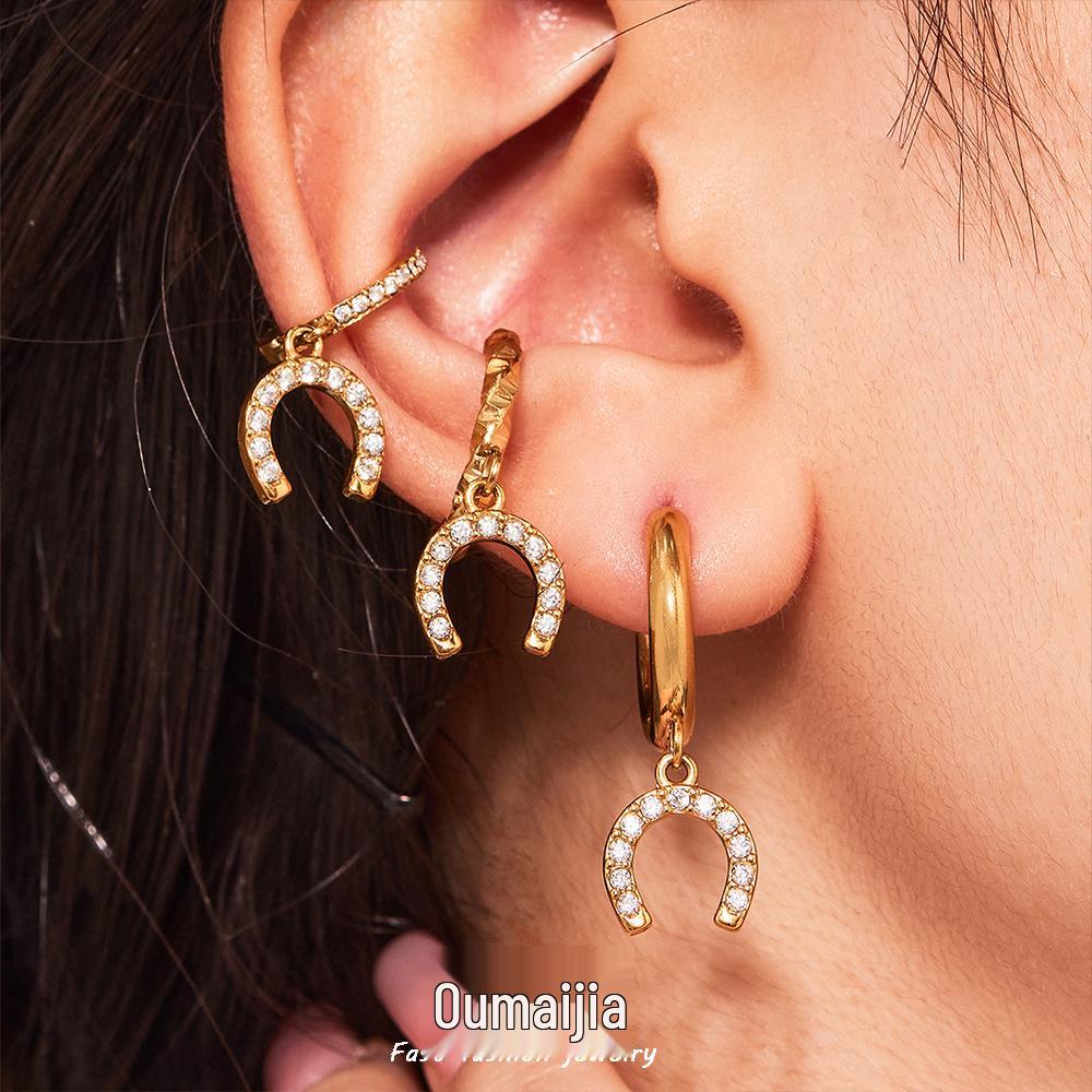 Oumaijia Diamond Horseshoe Buckle Ear Cuffs: Trendy Stainless Steel Earrings