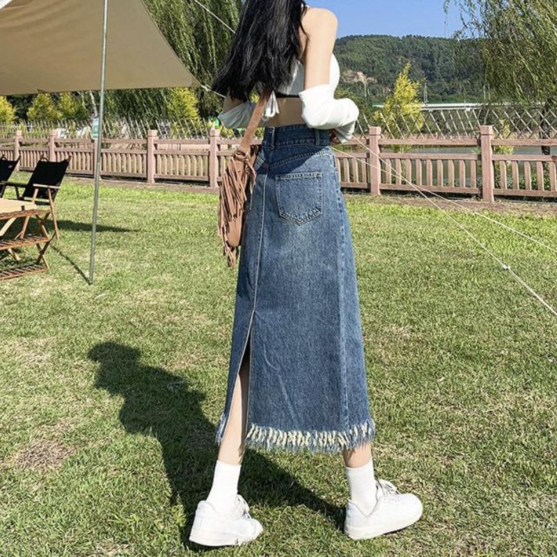 Vintage Denim Rock Lange Frauen Koreanische Mode Hohe Taille A-linie Schlank Distressed Raw Rand Jean Rock Streetwear Sommer