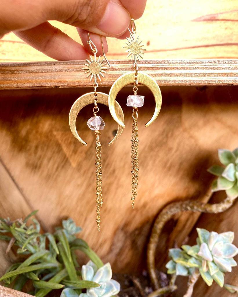 Bohemia Charm Gold Color Stainless Steel Sun Crescent Irregular Natural Crystal Beads Tassel Dangle Earrings for Women Jewelry