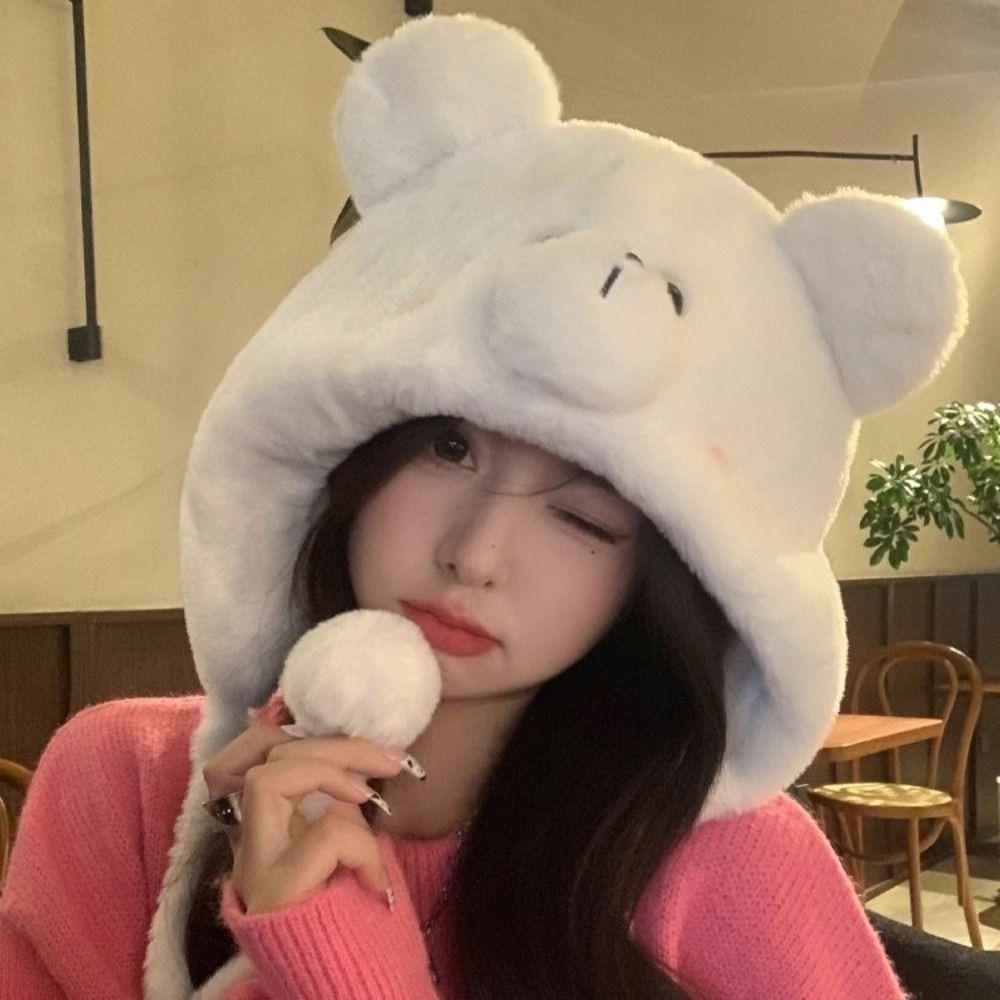 Cute Bear Pattern Women Ear Protection Cap with Ties Windproof Warm Thick Pullover Hat Coldproof Thickened Lei Feng Hat