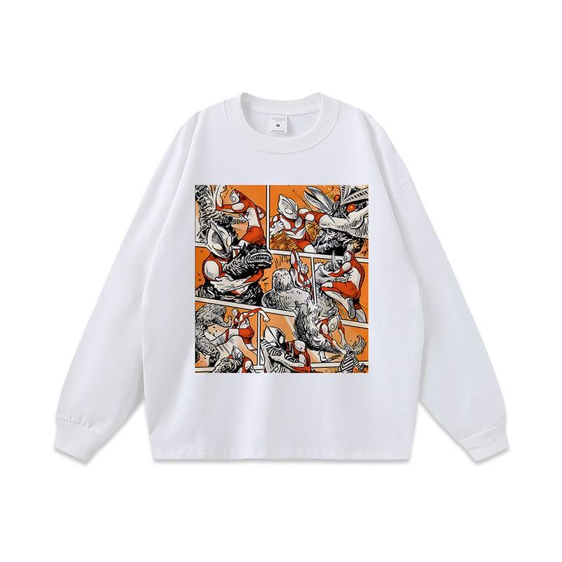 Unisex Vintage Washed Cotton Long Sleeve Tee With Cartoon Print Loose Fit Retro Streetwear Style