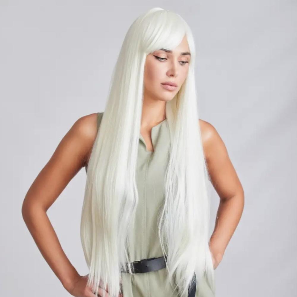 Long white wig 100 cm cosplay anime manga hair straight bangs cap