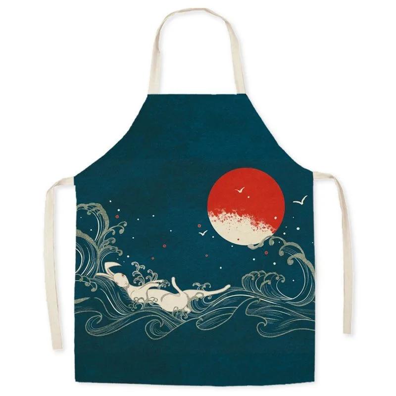 Retro Chinese crane pattern linen apron home cleaning anti-oil bib kitchen adult cooking baking sleeveless apron