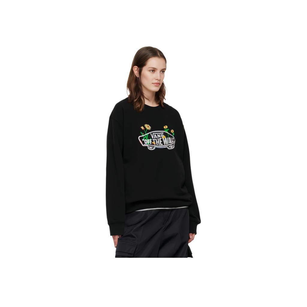 Vans Logo Daisy Embroidery Crew Neck Pullover Long Sleeve Sweatshirt Women Tops Black VN0A7Q1JBLK