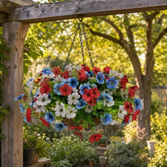 Artificial Hanging Flower with Basket for Outdoors, 4th of July Patriotic Faux Violet Flowers, UV Resistant Fake Plants for Outside Porch, Yard, Patio