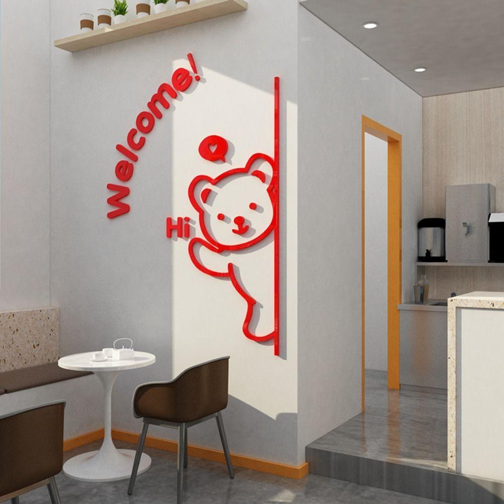 Self-adhesive Welcome Bear Stickers Artwork Bear Signs Ornaments Welcome Wall Decal  Milk Tea Shop