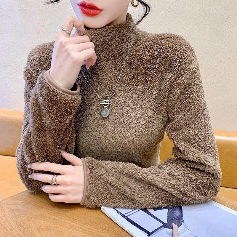 

Двухсторонняя базовая рубашка из кораллового флиса с высоким воротом и длинными рукавами для женщин, универсальная свободная внутренняя и внешняя теплая женская куртка, футболки для женщин 2XL хаки