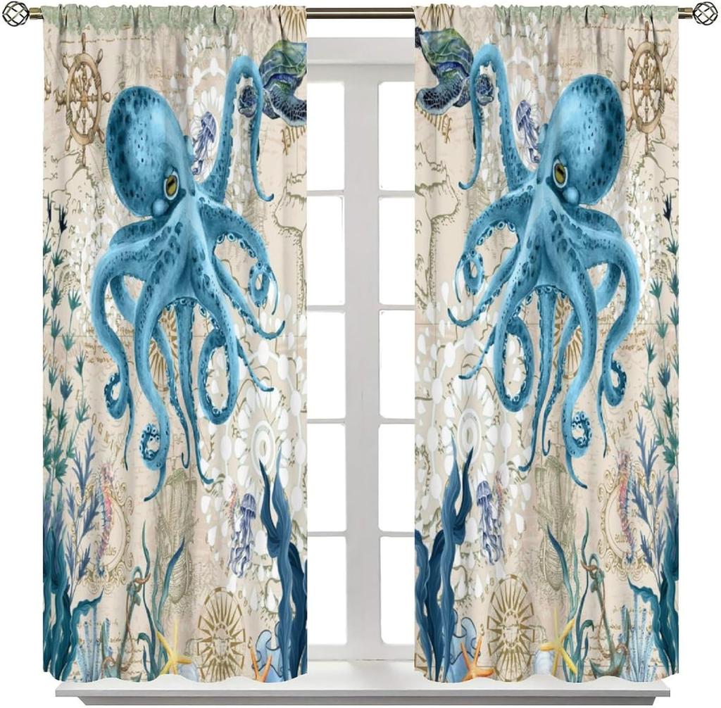 Octopus Curtains Ocean Animal Coral Nautical Map Starfish Sealifes Beach Theme Pattern Window Drapes Bedroom Kitch Curtain For Sleeping Area Polyester