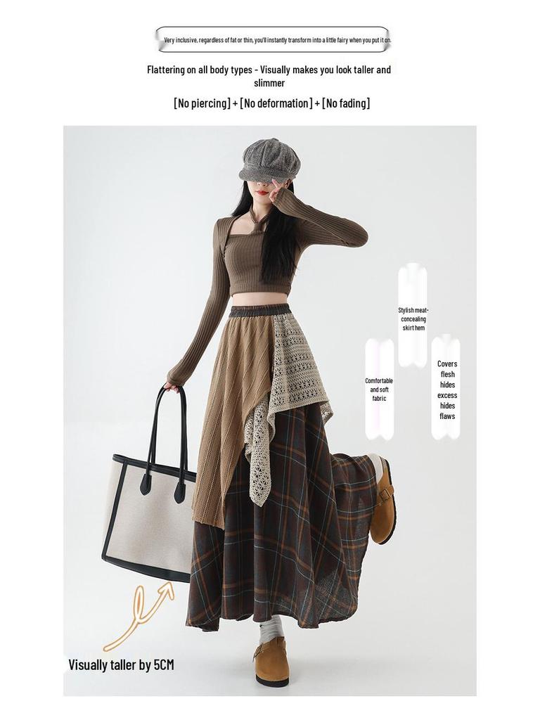 Women's High-Waisted Retro Plaid Lace Patchwork A-Line Skirt with Irregular Hem