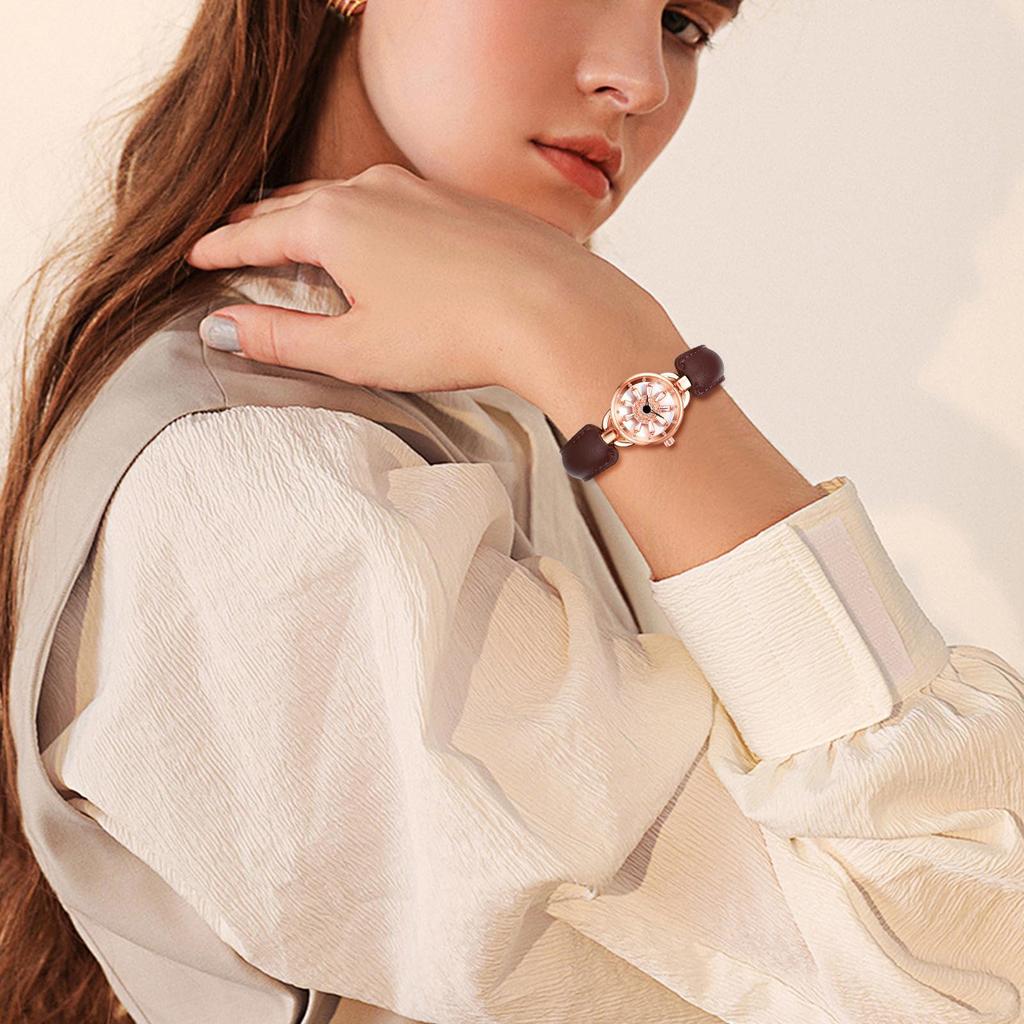 Lucky Leather Watch with Rotating Seashell Quartz Analog Bracelet Accessory Perfect Day Gift Women's Strap Diamond-Inspired, Waterproof, Dial,
