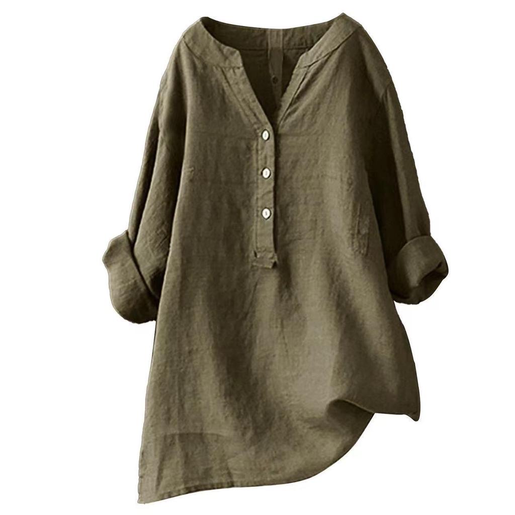 2021 Women's European and American Loose Solid Color Cotton and Linen Top
