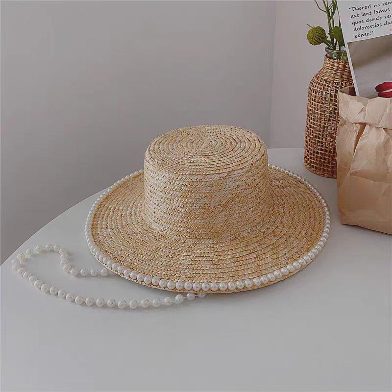 Women's Summer Sun Protection Sun Hats with Pearl Chain, Eaves Straw Fashion Straw Hats for Outdoor Travel