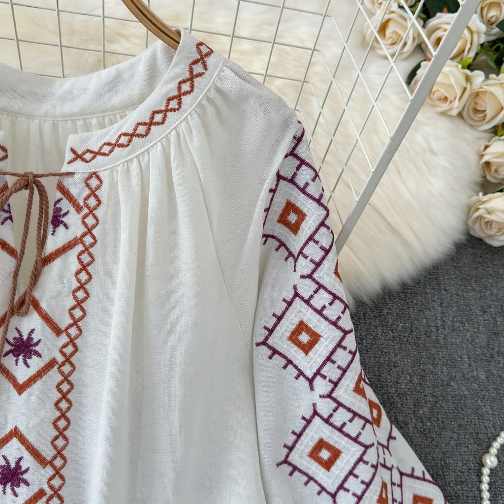Bohemian Dress Women 2024 O Neck Ethnic Style Embroidery A-line Vestidos Retro French Chic Folds Dresses Summer Dropshipping