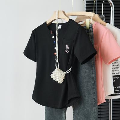 Originalstoff große Größe Damenbekleidung dicke mm geschwungener Saum Knopf Kurzarm T-Shirt Damen