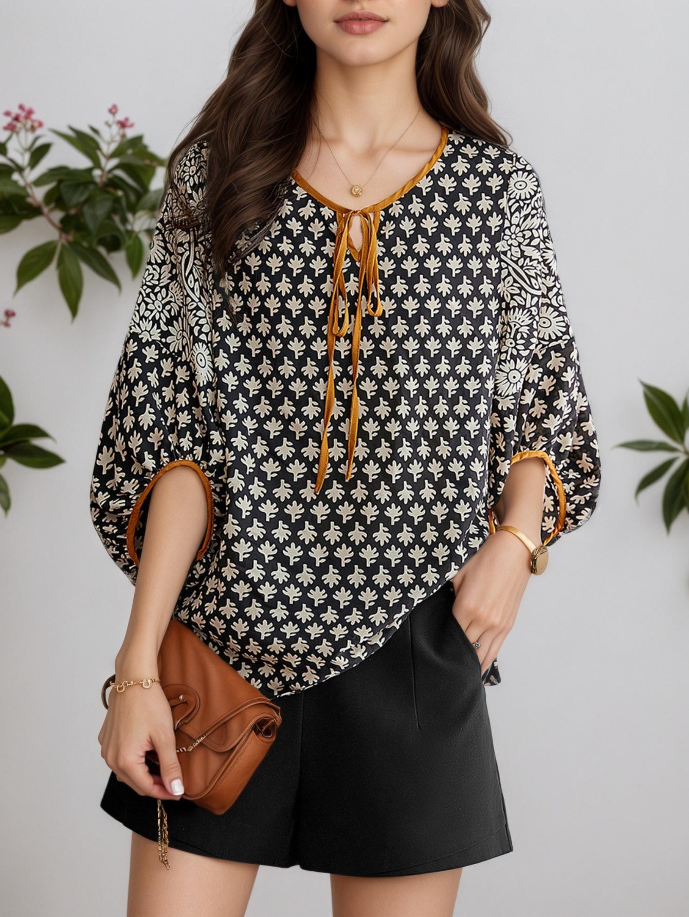 

Шифоновая рубашка с ретро-принтом, на шнуровке, с рукавами средней длины - Женская, в европейском и американском стиле, 2026 Extra Extra Large чёрный