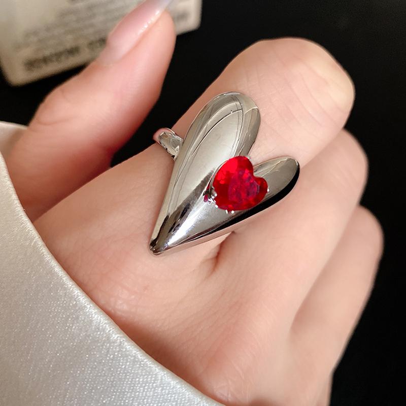 Red Zircon Smooth Heart-Shaped Open Ring Simple  Finger Rings Jewelry For Women