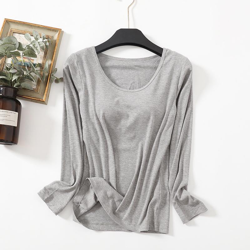 Versatile Autumn Modal Base Layer Shirt with Chest Pads, Slimming Long-Sleeve Round Neck, Wear Alone or as Inner Layer.