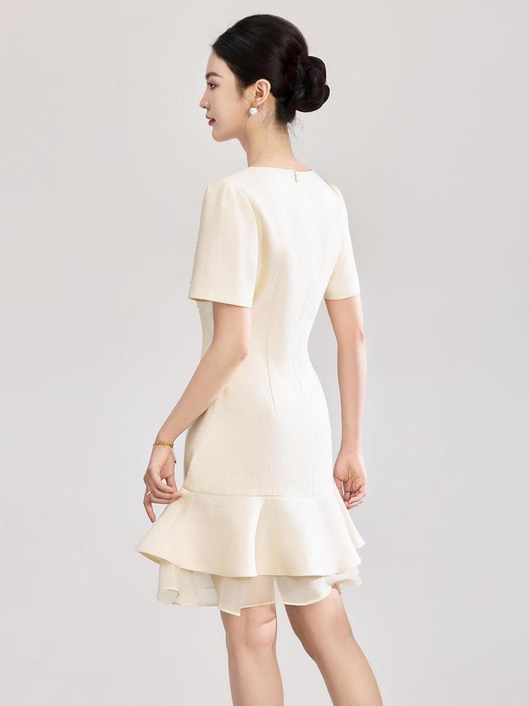 Elegant French Beaded Ruffle Hem Patchwork Gauze Dress for Women - Summer New Arrival