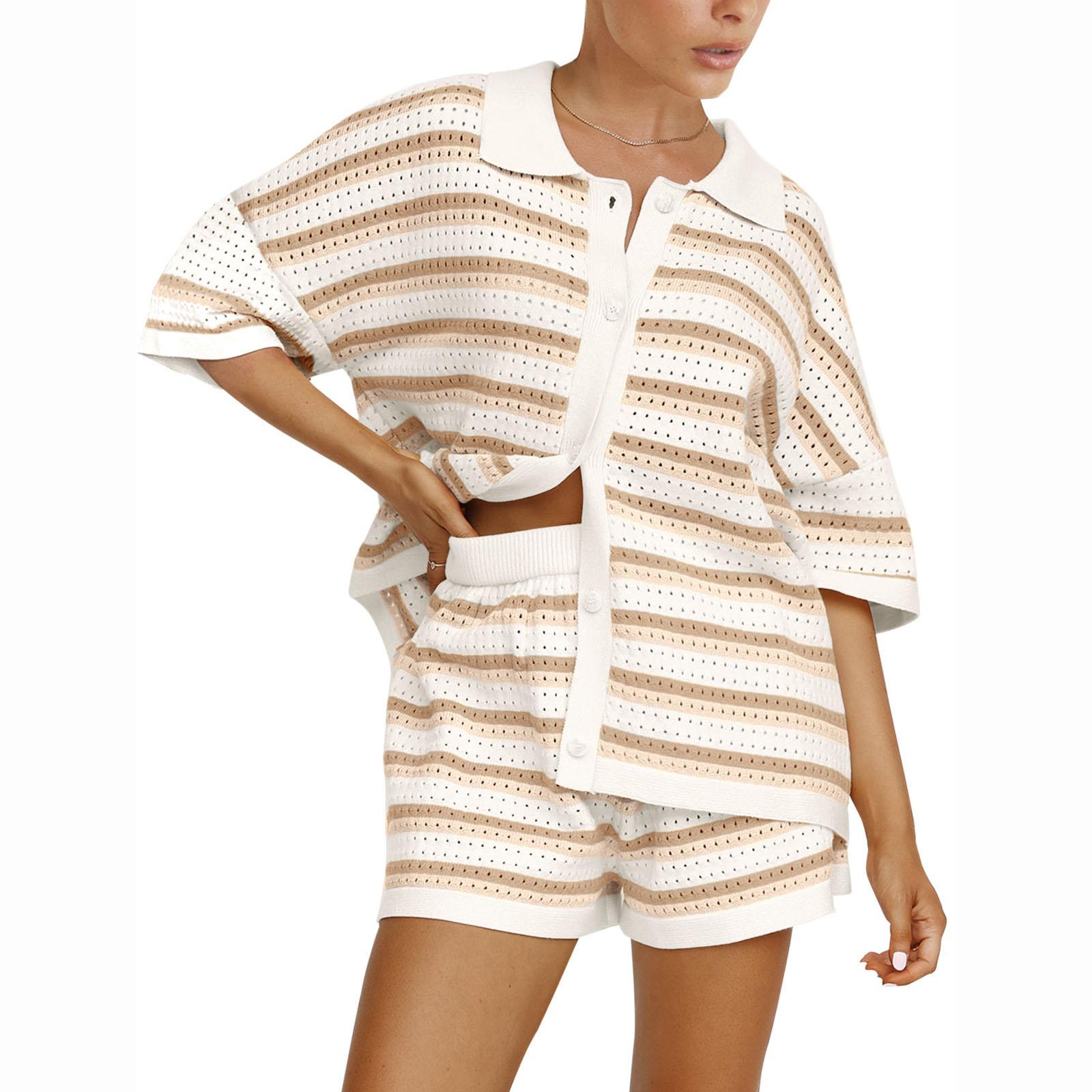 

Летние женские комплекты из двух частей, шорты, блузки, полосатые пуговицы, вязаные крючком топы и шорты, подходящие комплекты S