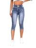 High Waist Women Denim Jeans Shorts Stretch Drawstring Knee Length Ripped Hole Jean Pants