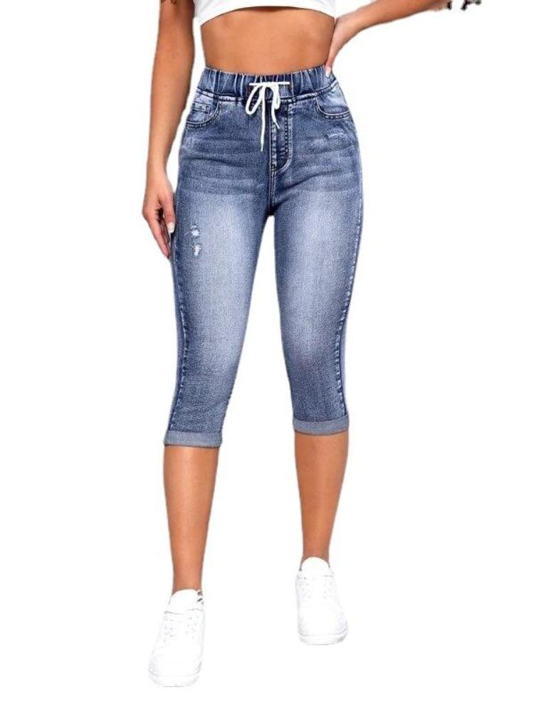 High Waist Women Denim Jeans Shorts Stretch Drawstring Knee Length Ripped Hole Jean Pants