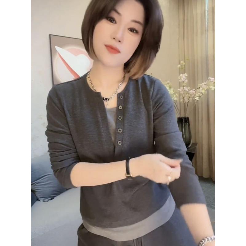 Женская повседневная футболка с длинным рукавом и воротником-хенли M серый