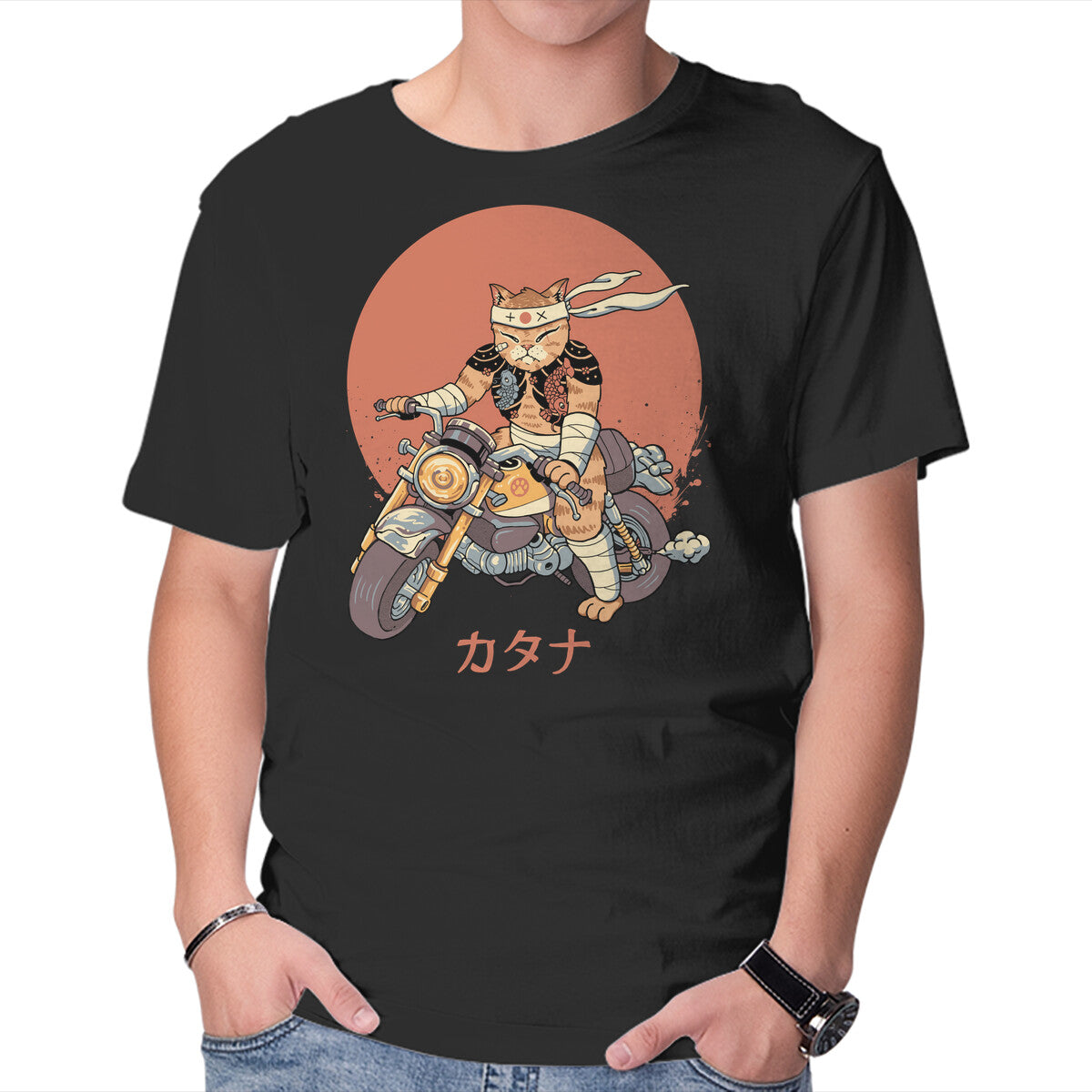 Unisex Crew Neck T-Shirt Biker Gang Catana Meowster Graphic Short Sleeve Casual Tee S