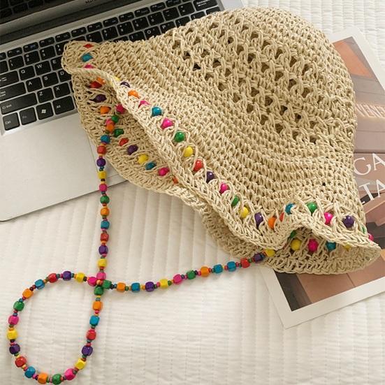 Straw Hat Large Brim Sun Protection Wide Brim Beach Hat with Ethnic Beads Chain Decoration Hollow Breathable Basin Hat