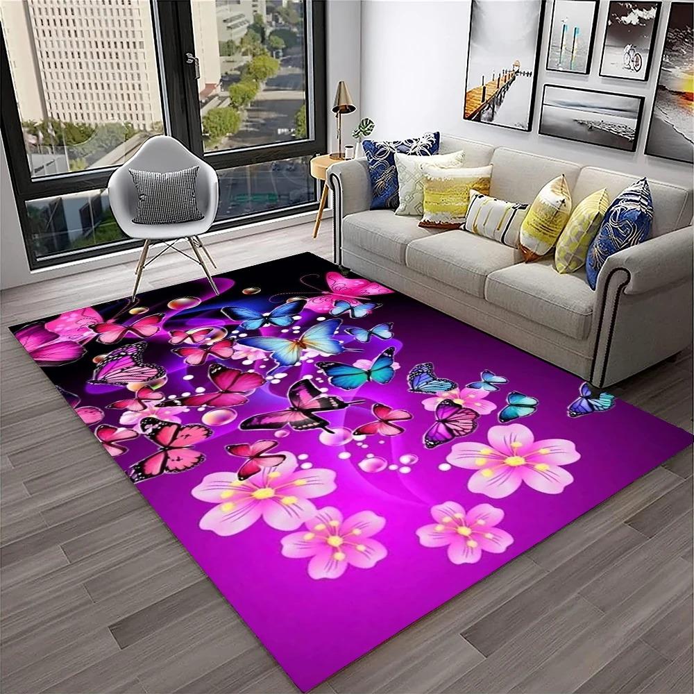 3D Luxury Dream Butterfly Flower Carpet Non-slip Floor Mat for Home Living Room Bedroom Sofa Washable Kid Play Area Decor Rug