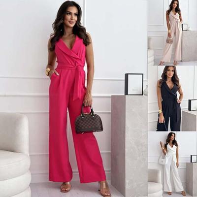 Damen Sommer Casual V-Ausschnitt Ärmelloser Jumpsuit Hohe Taille Weites Bein Hose Einfarbig Gürtel Größen S-XXL