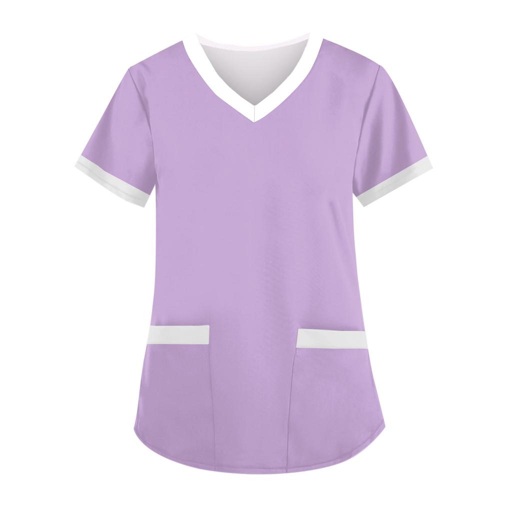 Módní dámské pracovní oděvy s výstřihem do V a krátkým rukávem s kapsami