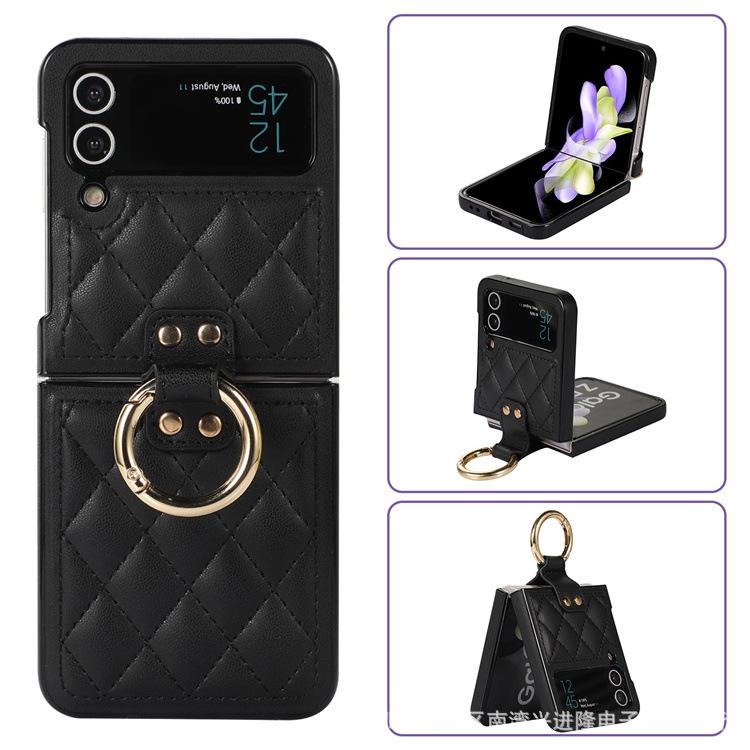 Applicable To Samsung Z Flip5 Folding Ring Buckle Mobile Phone Case, Japanese and Korean Diamond Leather Case, Zflip4 Back Cover Protective Case.