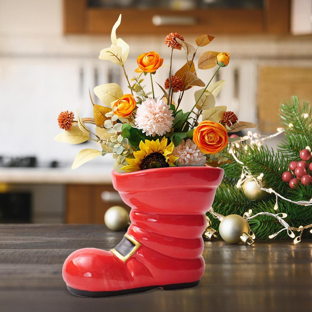 Boot Vase For Flowers Red Ceramic Planter Arrangements Boot Vase For Indoor Home Porch Farmhouse Christmas Holiday Table